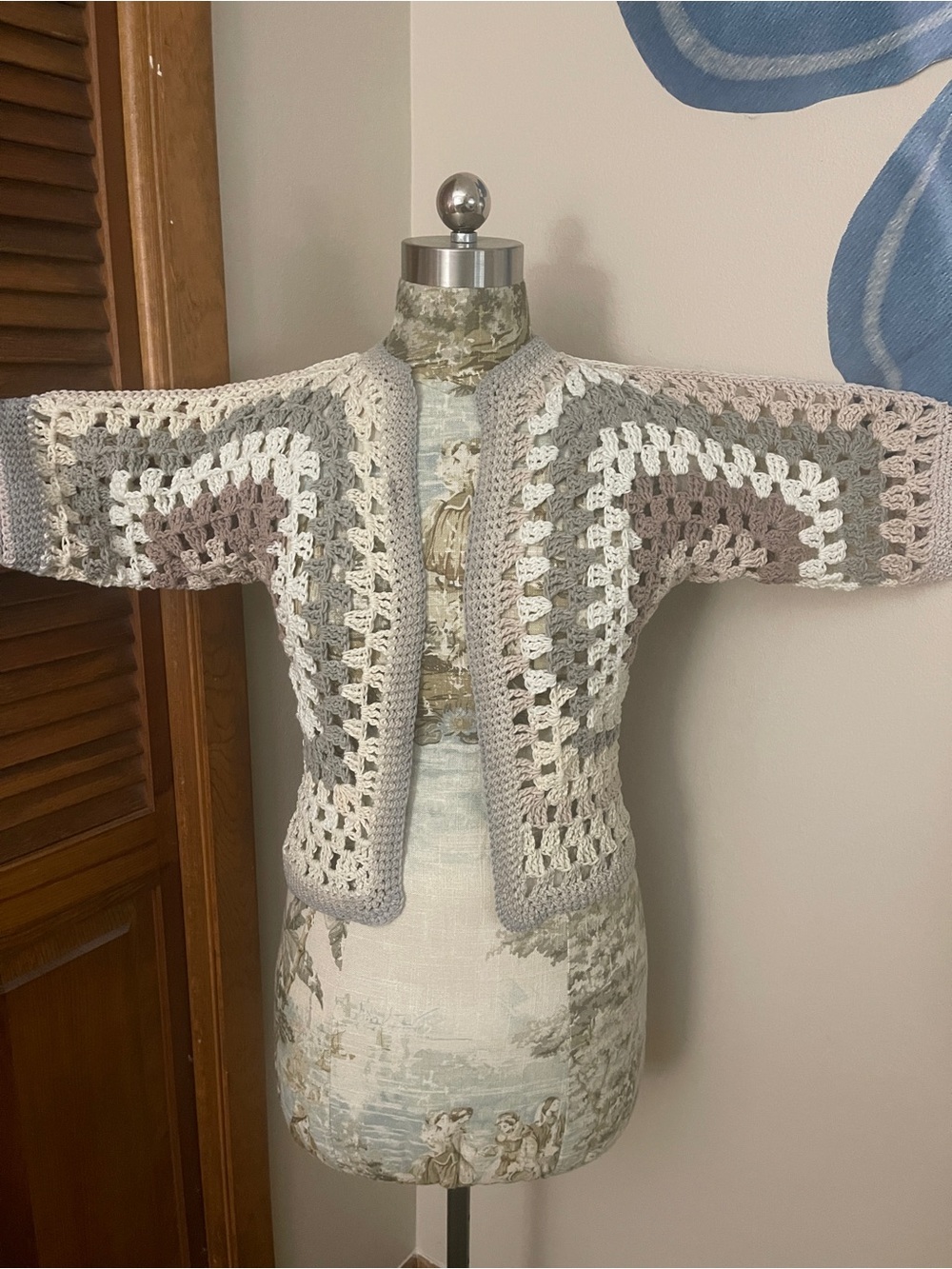 Hand Crafted Crochet Open-Front Cardigan - Cream, Gray & Taupe